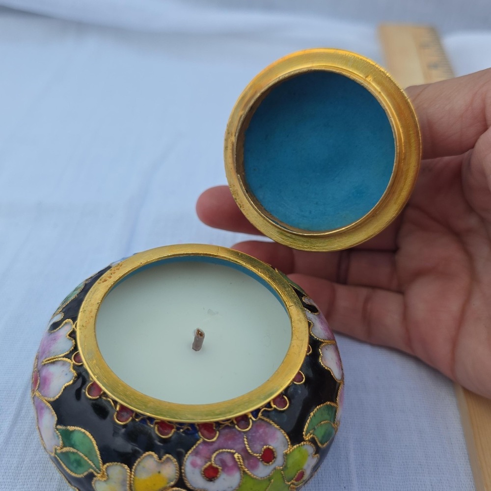 Cloisonne Floral Jar Candle Small Lidded Metal Enamel Multicolor Decor Accent - Picture 7 of 9